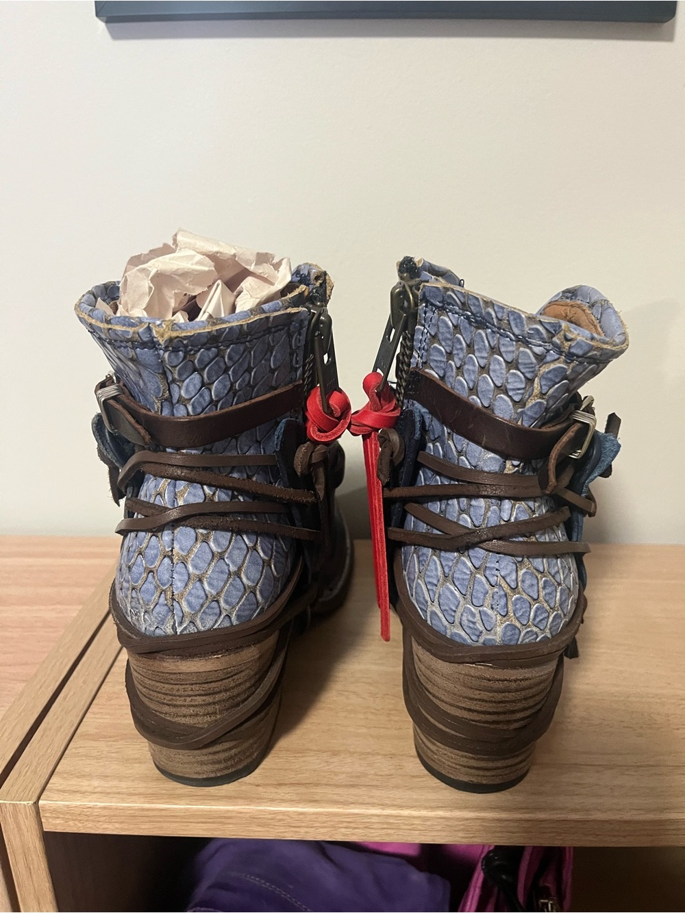Freebird by Steven Crue Black Leather Ankle Boots with Blue Snake-Texture Cuff - Picture 3 of 5